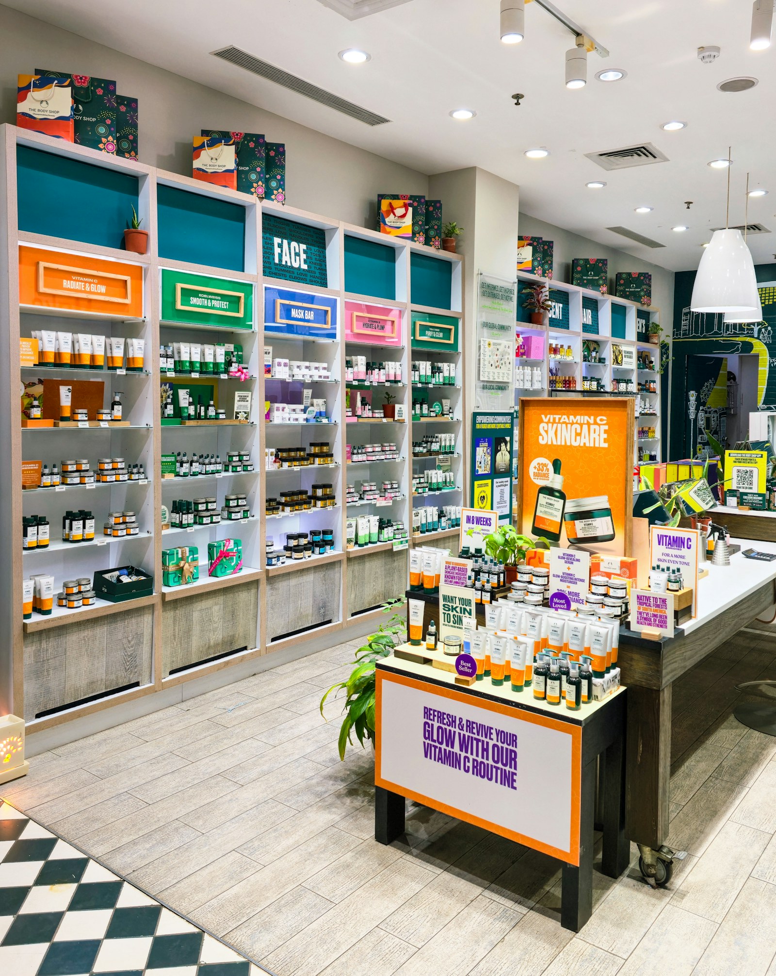 Skincare products displayed on shelves in a retail store